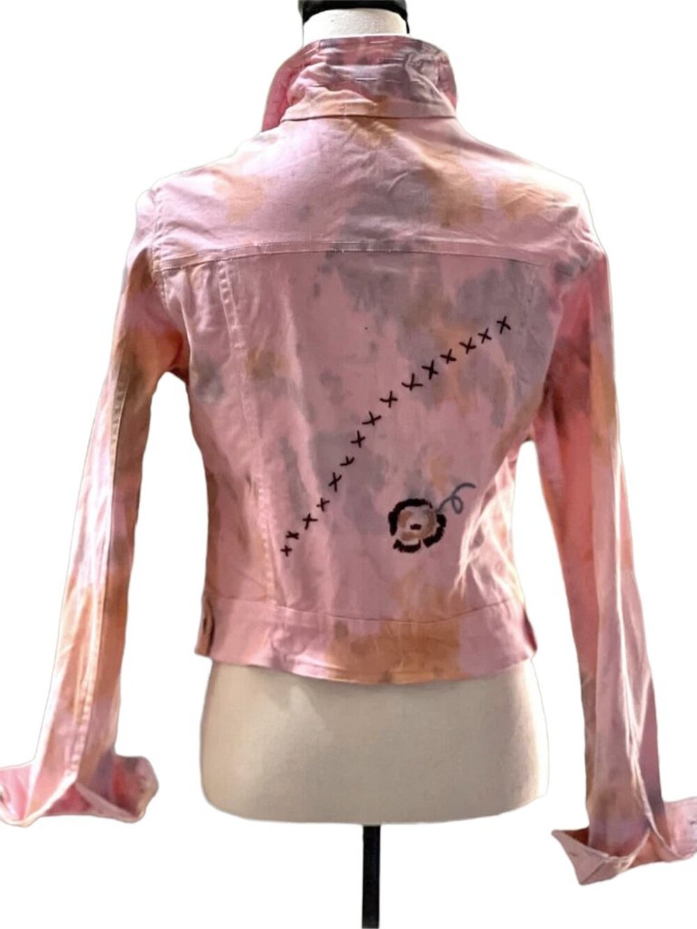 ANTICA Italy Pink Denim Trucker Jacket Seashell Crochet Coastal Boho XS - Picture 4 of 13